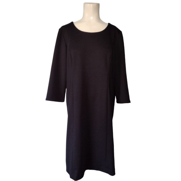 Chicos Ponte Knit Sheath Dress Sz 1 Med Stretch Pockets Black Modest Career 3/4 - Picture 1 of 8